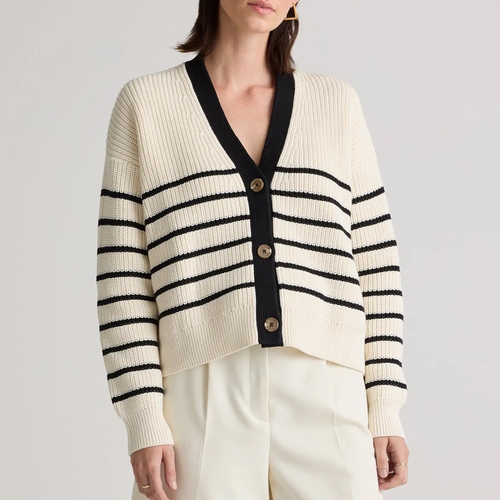 Cream & Black Striped V-Neck Button Cardigan Sweater